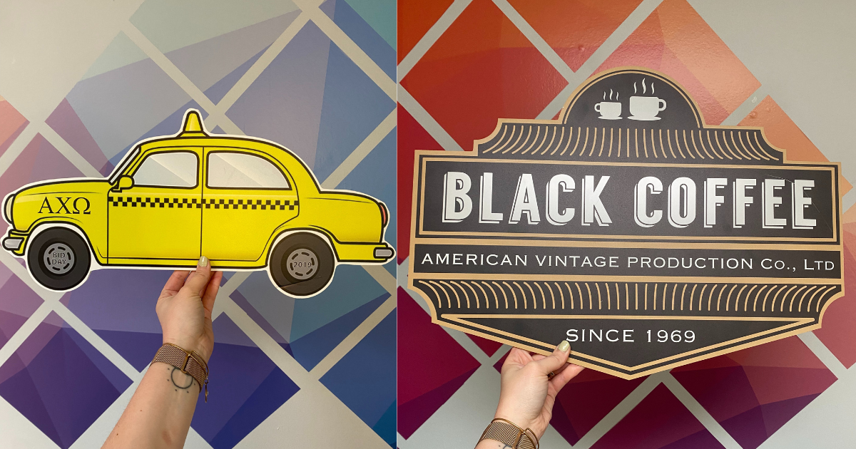 Picture of a cutout yellow car sign and a black, cutout sign for a coffee shop, two creative sign ideas.